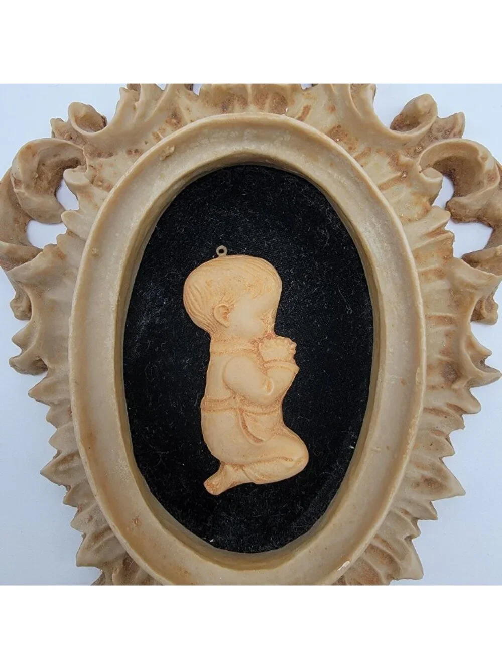 Pair Of Vintage Capodimonte Praying Children Wall Art Plaques With Ornate Frames